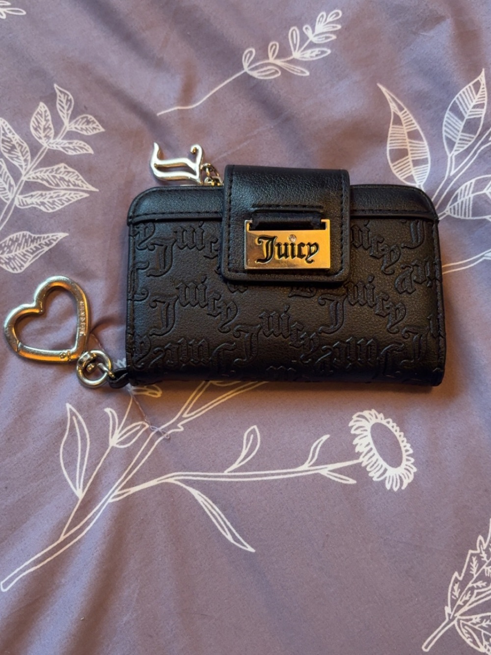 Juicy Couture Black Embossed Mini Wallet with Heart Key Charm